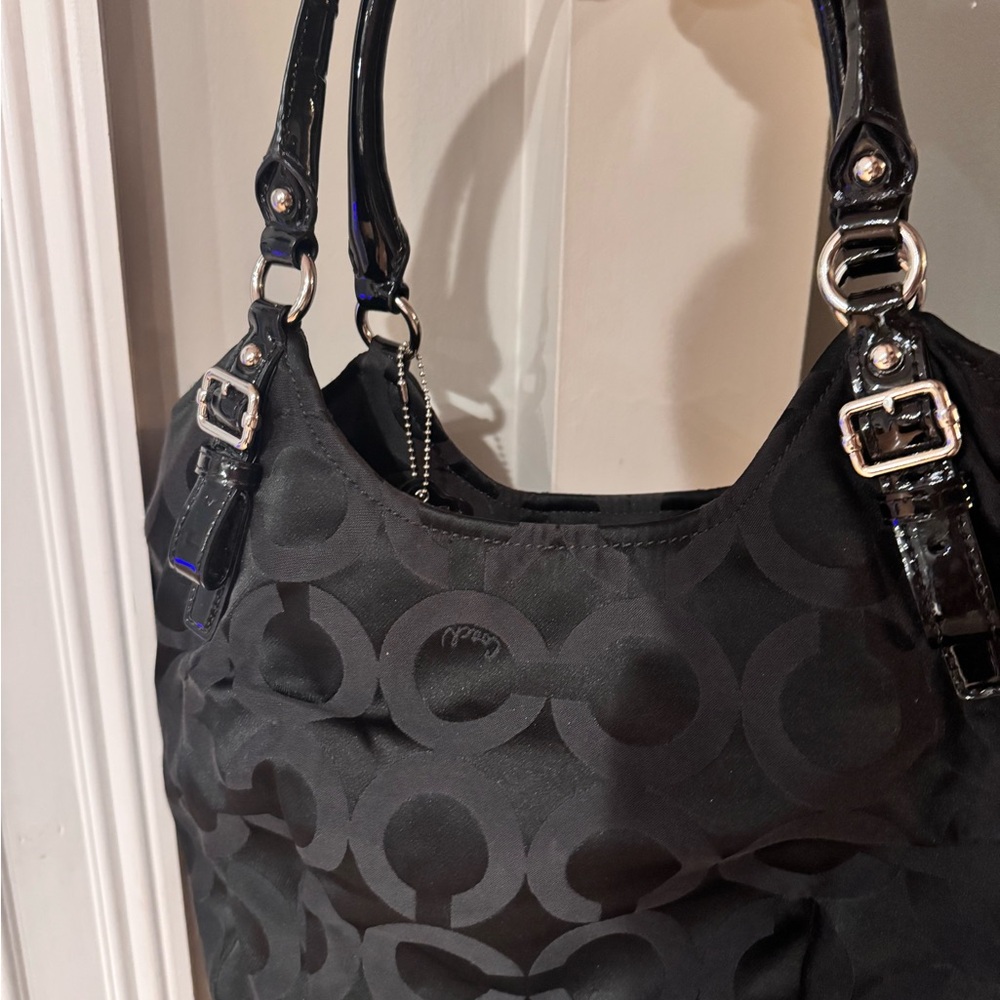 Coach Black Signature Nylon Shoulder Bag with Black Patent Handles - Picture 2 of 7